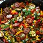 SUMMER DINNER - Sausage and Veggies Skillet with Bell Peppers, Zucchini, Corn. 30 Minutes, One-Pan.