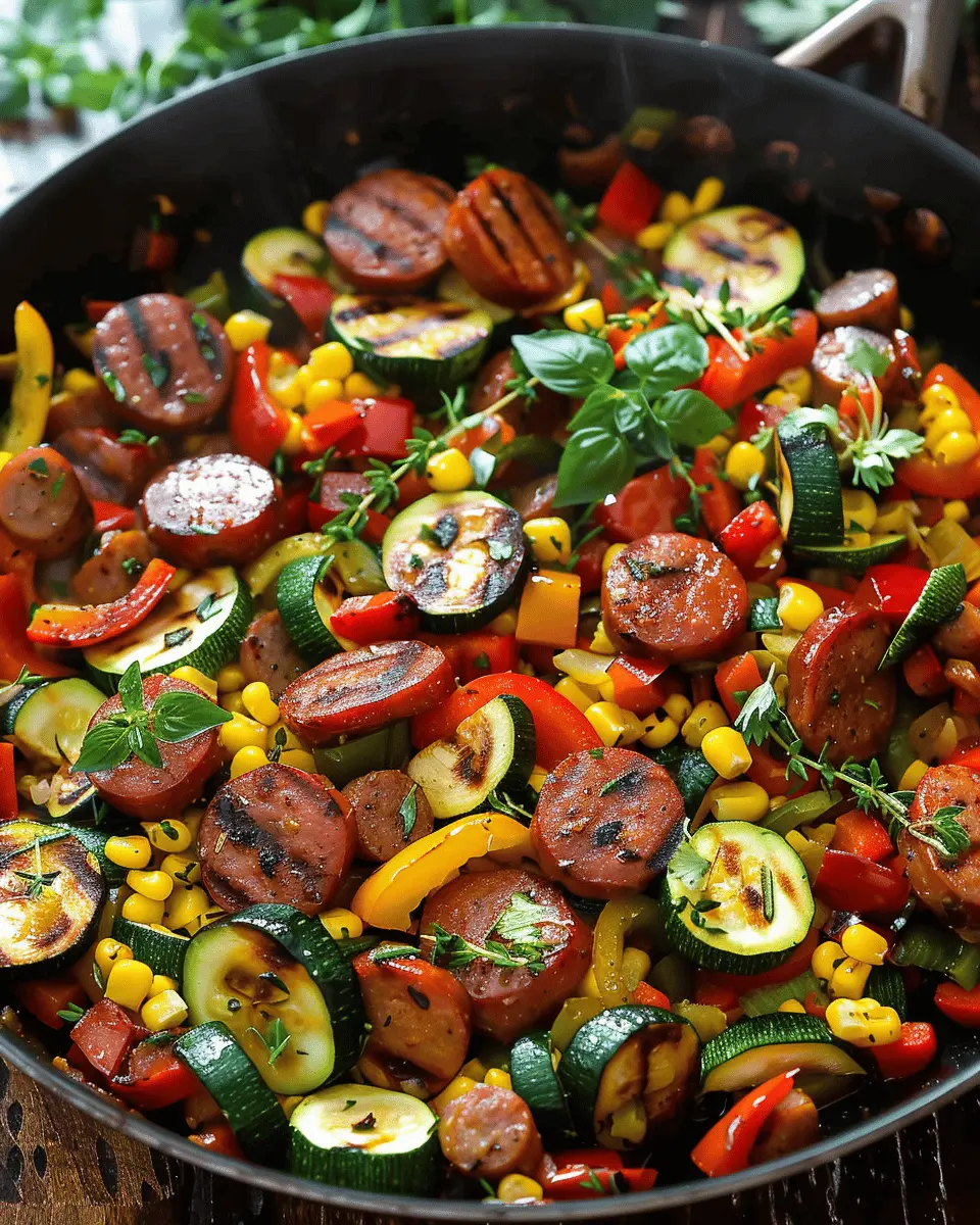 Summer dinner: Easy Sausage and Veggies Skillet with Bell Peppers, Zucchini, Corn in 30 Minutes