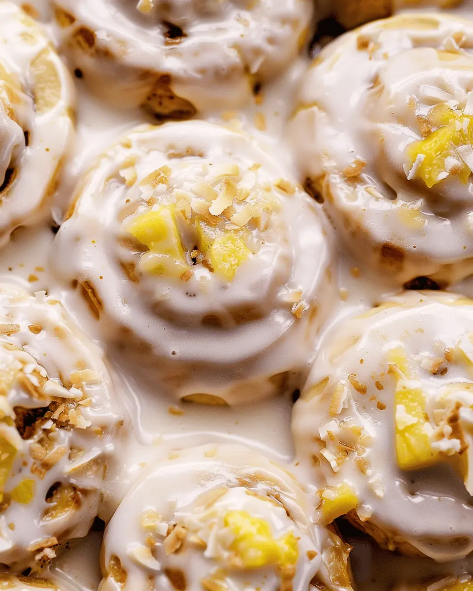 Tropical Piña Colada Cinnamon Rolls with Indulgent Coconut Rum Icing