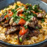 Creamy Queso Rice with Juicy Steak Strips
